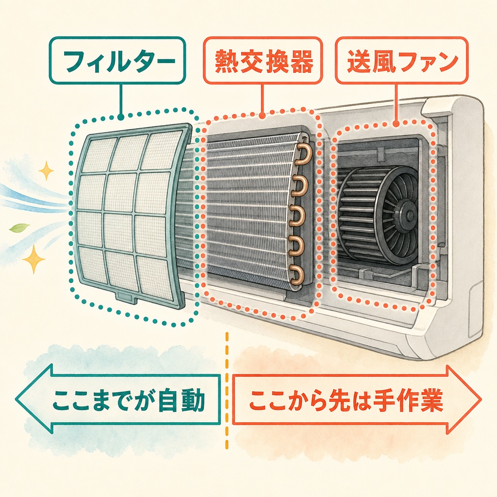 お掃除機能が届くのはフィルターまでで、熱交換器と送風ファンには届かないことを示す図