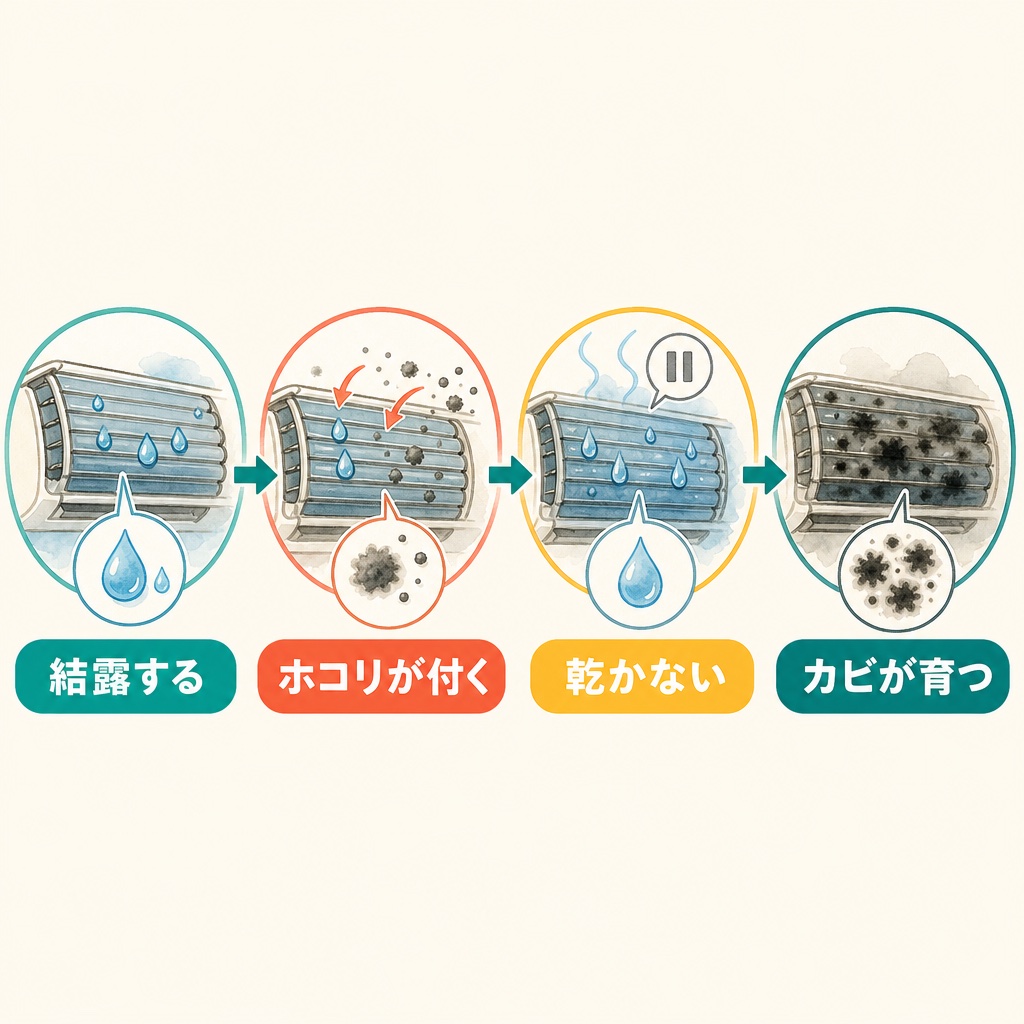 結露→ホコリが付く→乾かない→カビが育つ、という内部でカビが発生する流れの図