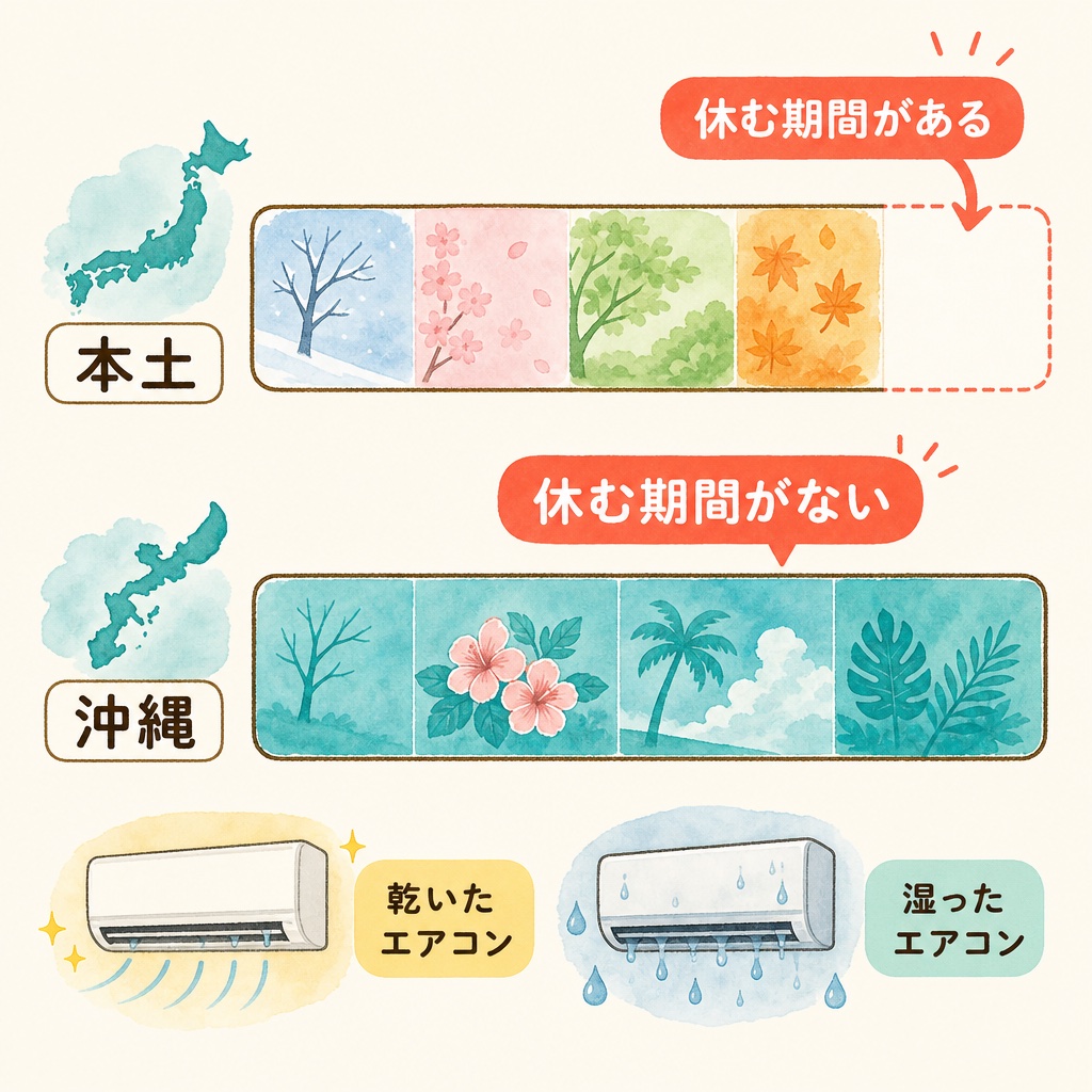 本土は冬に運転を止めて内部が乾くが、沖縄は年中稼働で乾く期間がないことを示す図