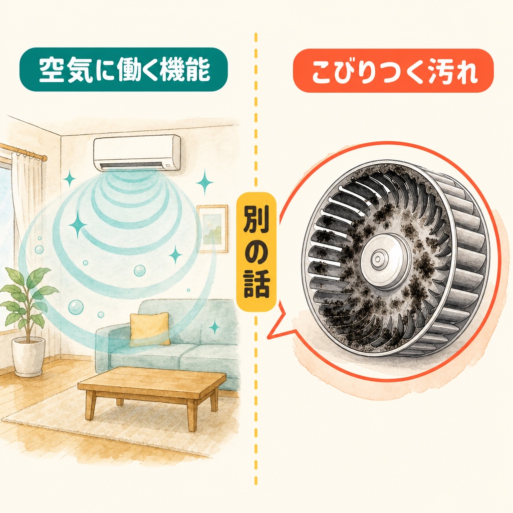 空気に働く除菌機能と、部品にこびりつく汚れは別物であることを示す図