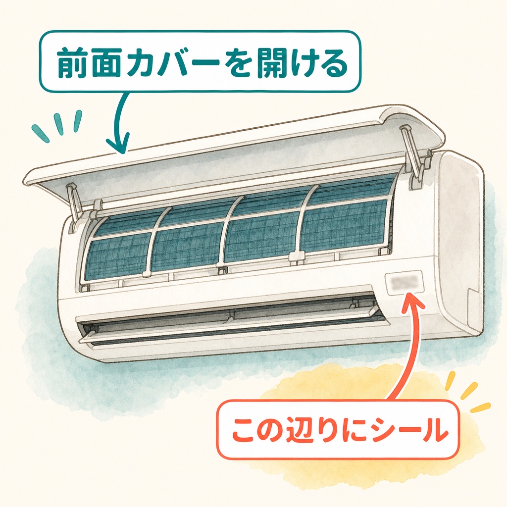 エアコン本体の型番シールの位置を示す図