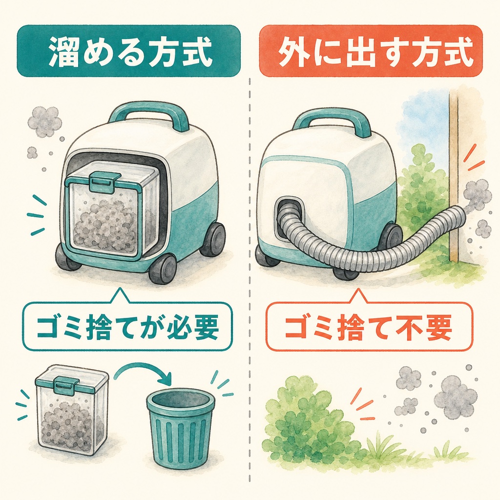 ホコリをダストボックスに溜める方式と屋外へ排出する方式の比較図