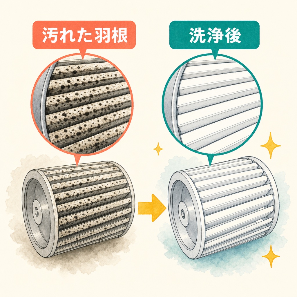 送風ファンの羽根にこびりついた汚れの拡大図