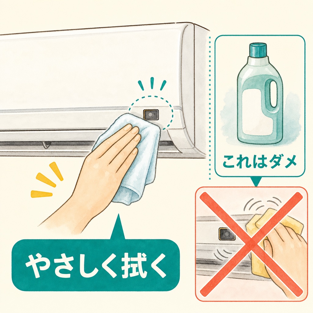 センサーの小窓をやわらかい布で軽く拭くという手入れの図