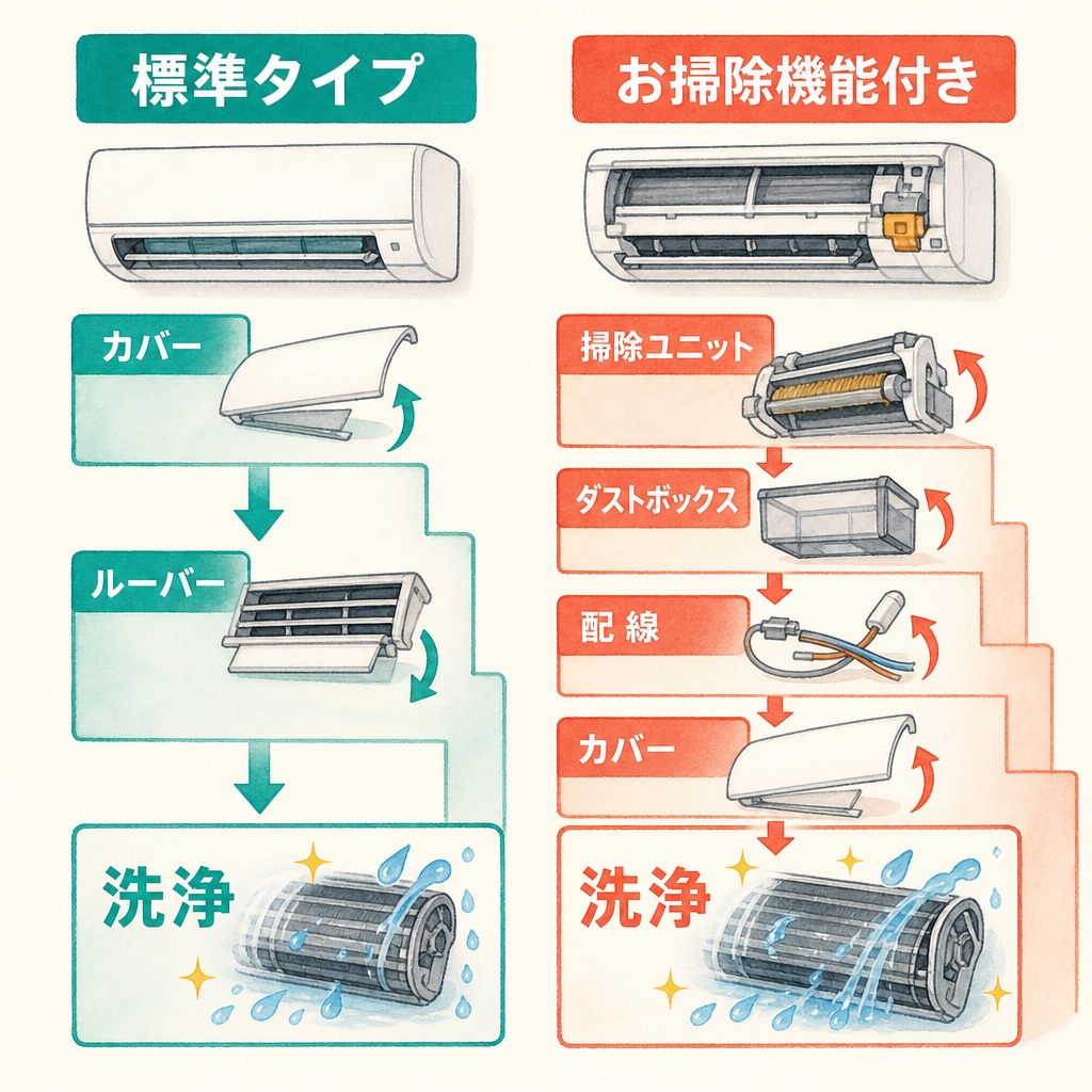 標準タイプとお掃除機能付きで分解の工程数が変わることを示す図