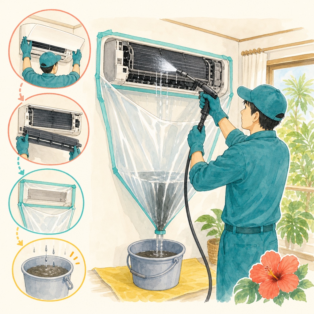 分解したエアコンの熱交換器と送風ファンを高圧洗浄している作業の様子
