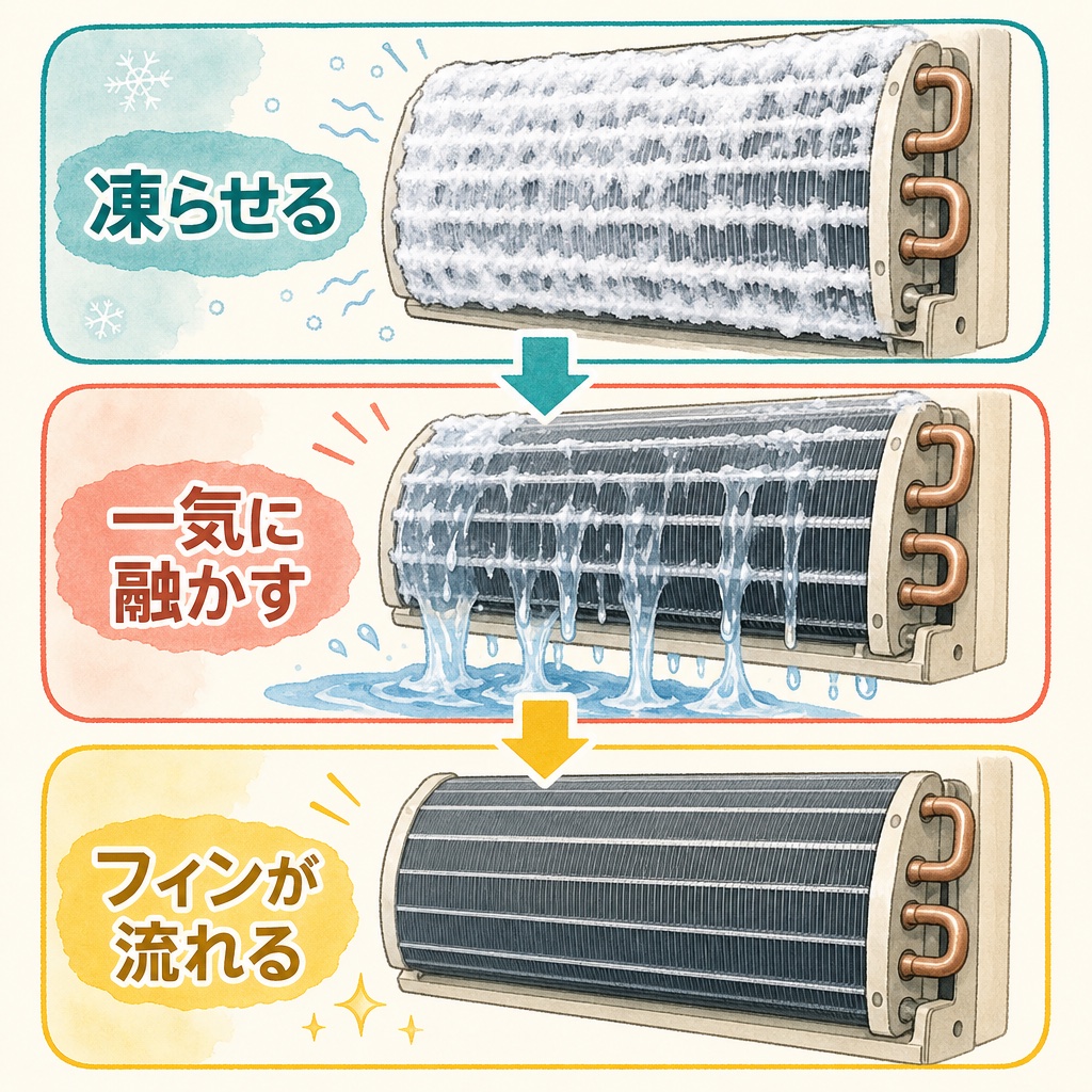 熱交換器を凍らせてから融かし、大量の水で汚れを流す仕組みの図