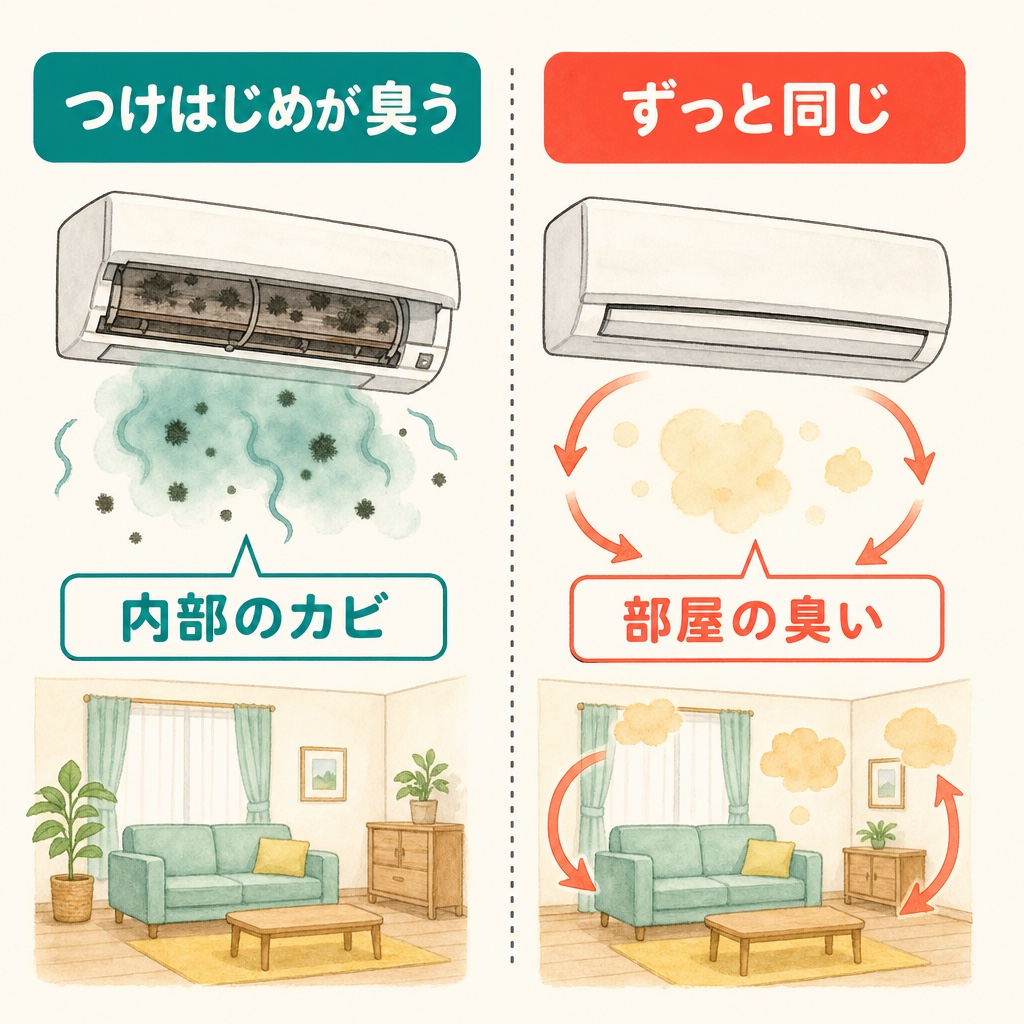 エアコンの臭いの原因が内部のカビか部屋の臭いかを見分ける図