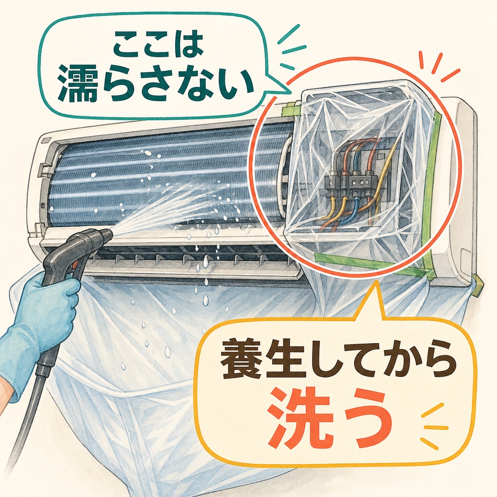 電装部品を養生してから洗浄する作業手順の図