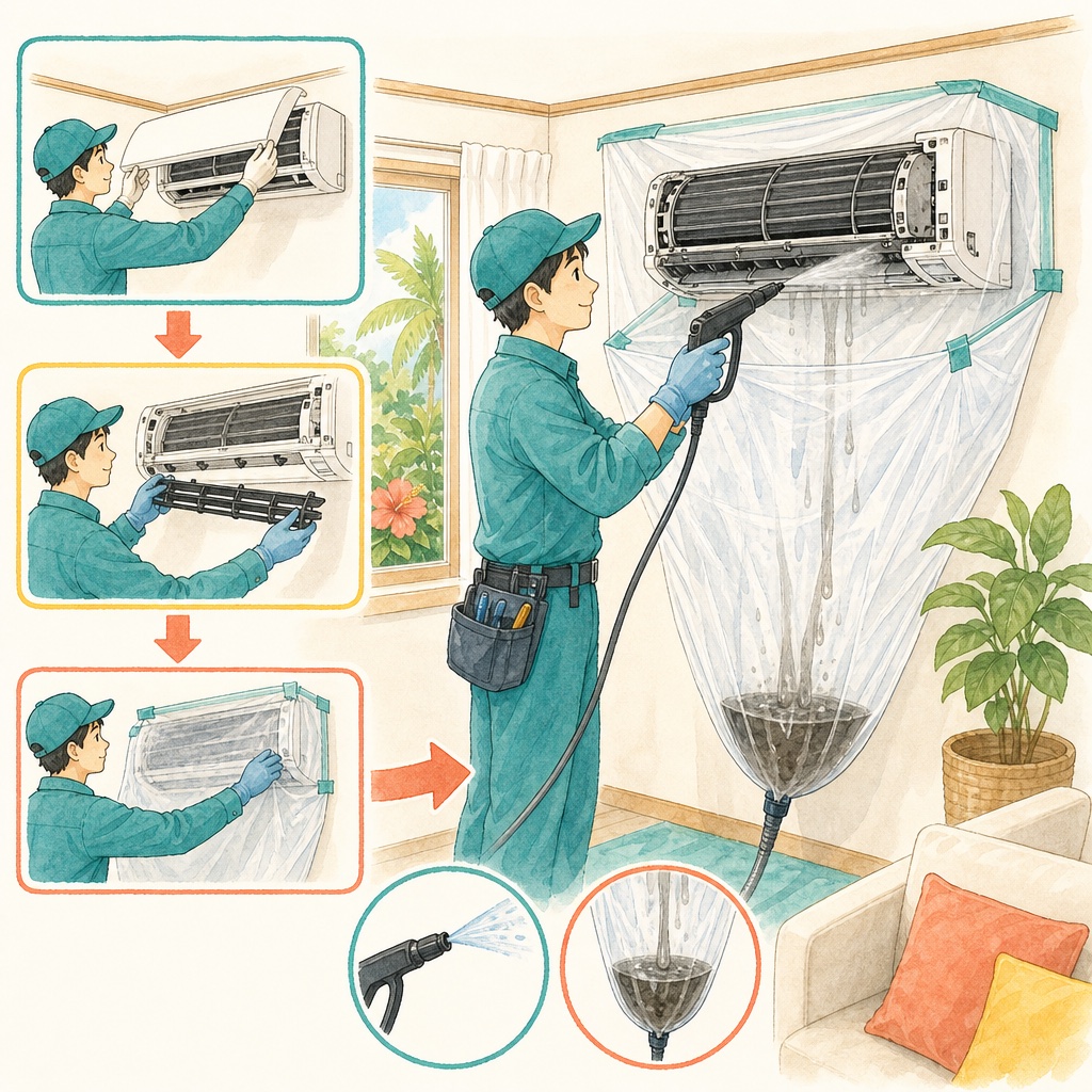 分解したエアコンの熱交換器と送風ファンを高圧洗浄している作業の様子
