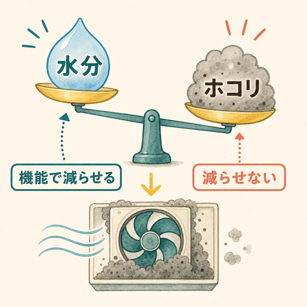 カビの条件のうち水分は減らせてもホコリは溜まり続けることを示す図