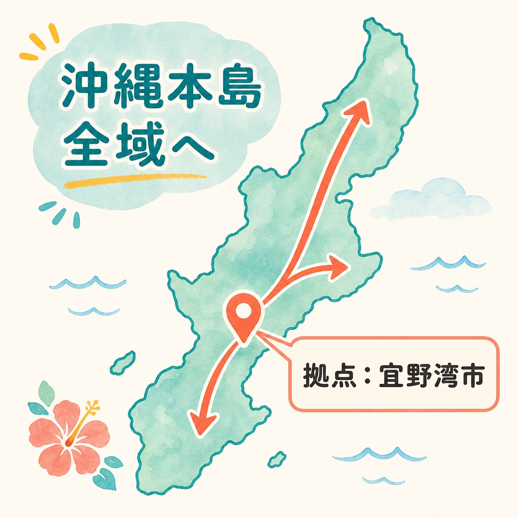 宜野湾市の拠点から沖縄本島各地へ出張していることを示す地図風の図