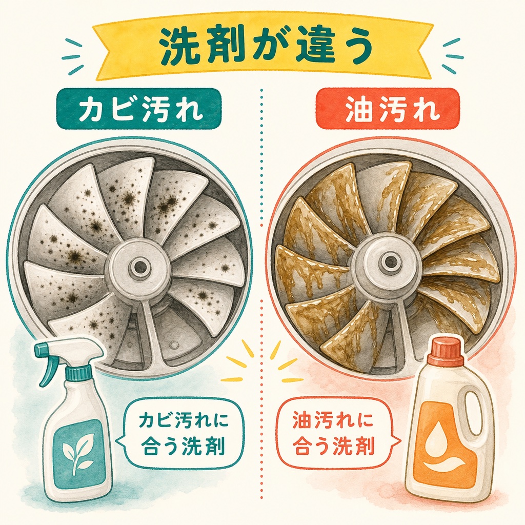 家庭のカビ汚れと飲食店の油汚れの違いを示す図