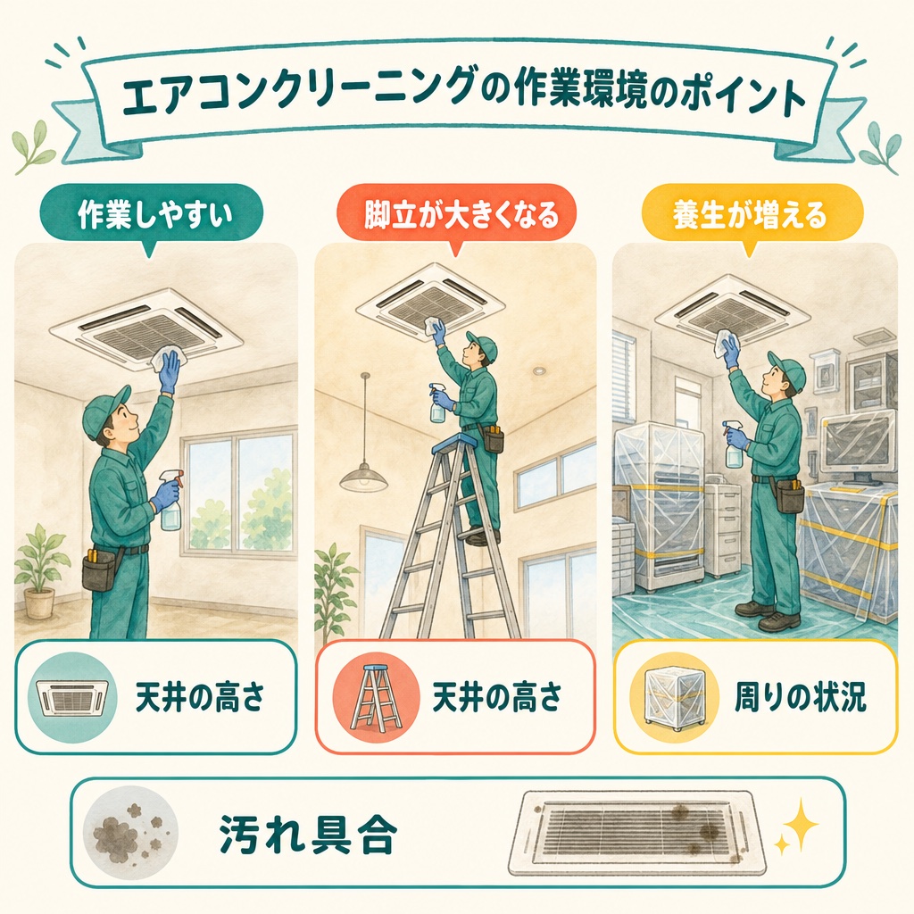 天井の高さや設置状況で作業時間が変わることを示す図