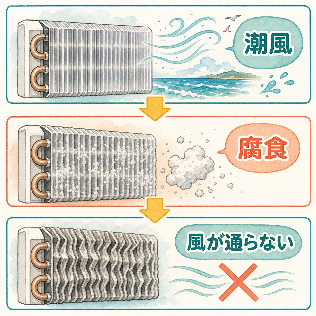 潮風でアルミフィンが腐食して風が通らなくなる流れの図