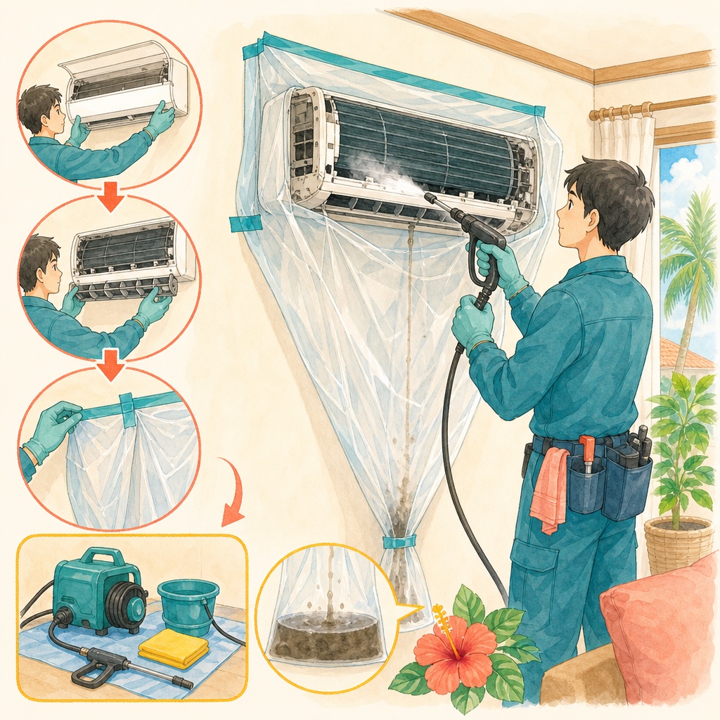 分解したエアコンの内部を高圧洗浄している作業の様子
