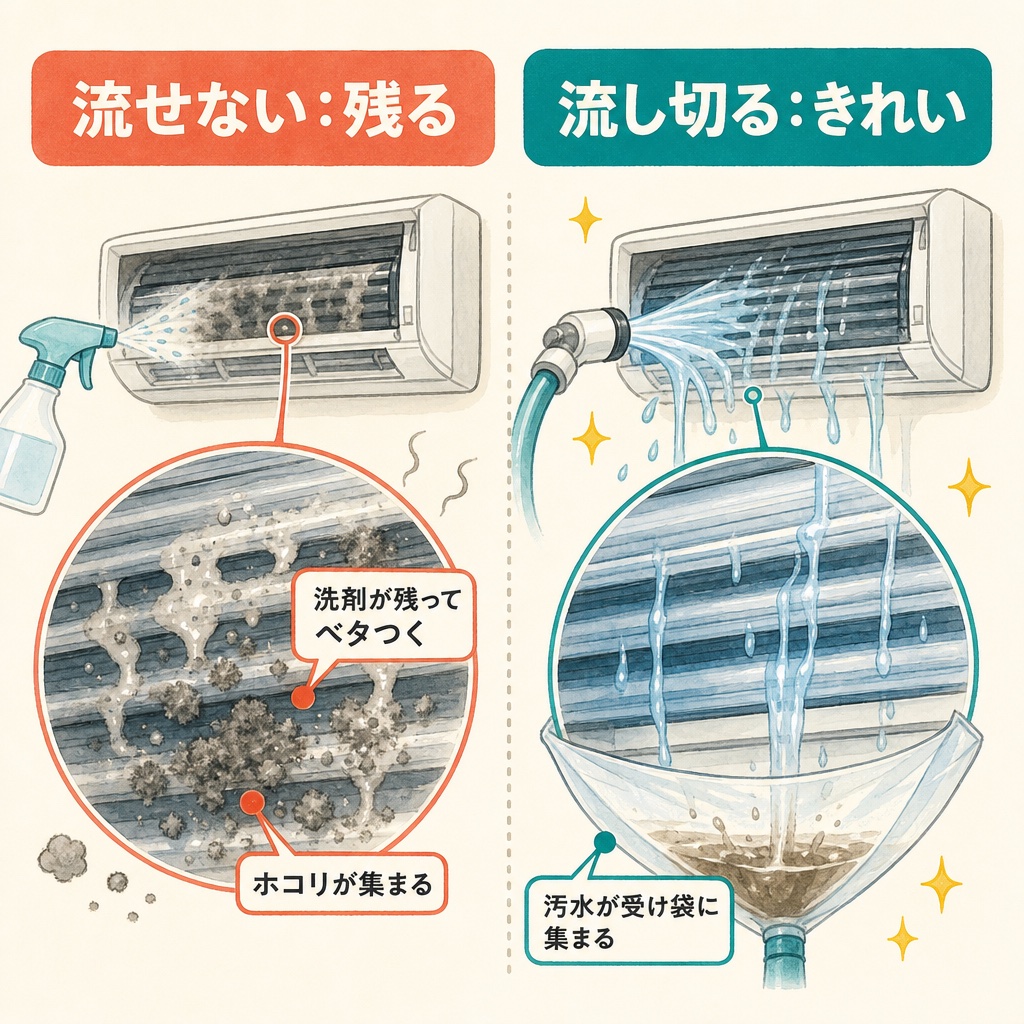 スプレーは洗剤を流し切れず内部に残ることを示す図