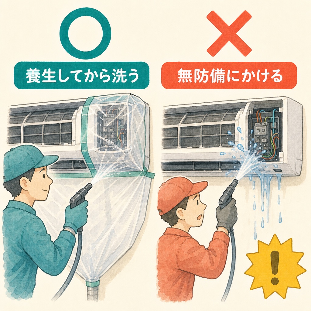 電装部を養生してから洗浄する作業と、無防備にスプレーする違いの図