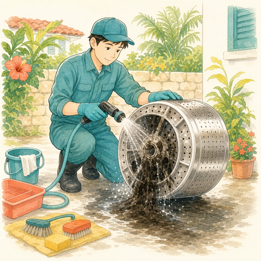 分解した洗濯槽を洗浄している作業の様子