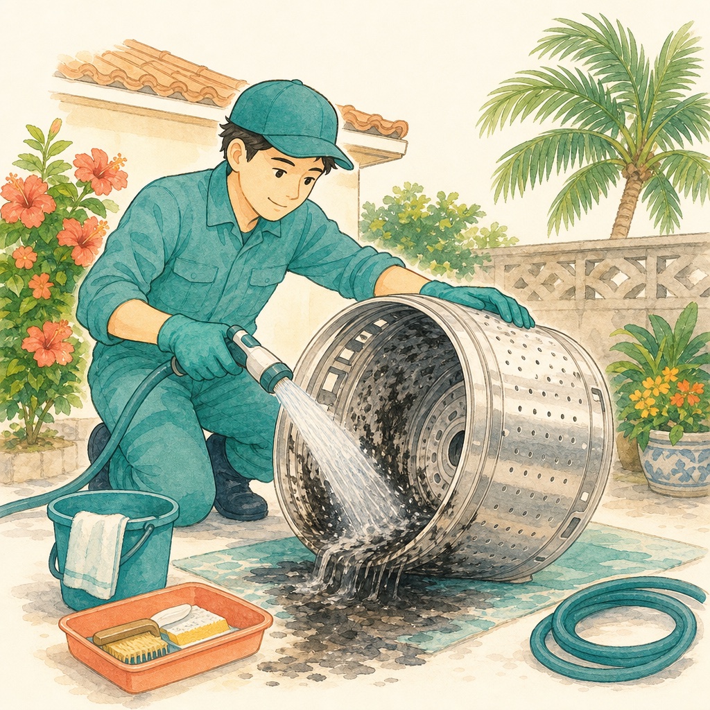 分解した洗濯槽を洗浄している作業の様子