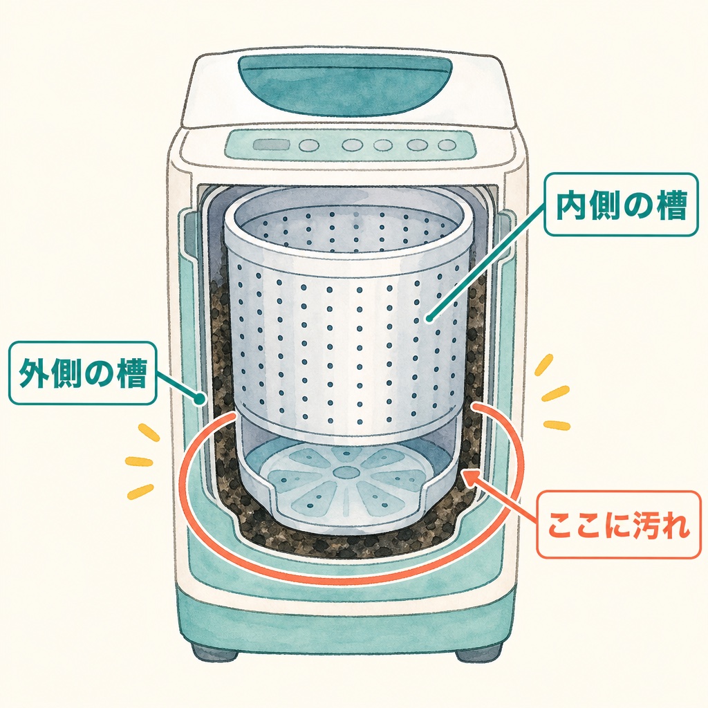 縦型洗濯機の内側の槽と外側の槽のすき間に汚れが溜まる構造の図