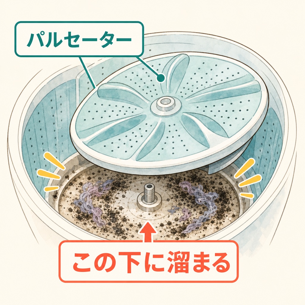 パルセーターを外すと下に汚れが溜まっていることを示す図