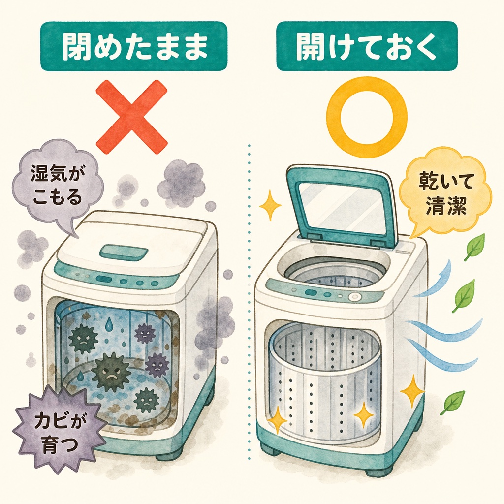 洗濯後にフタを閉めると湿気がこもりカビが育つことを示す図