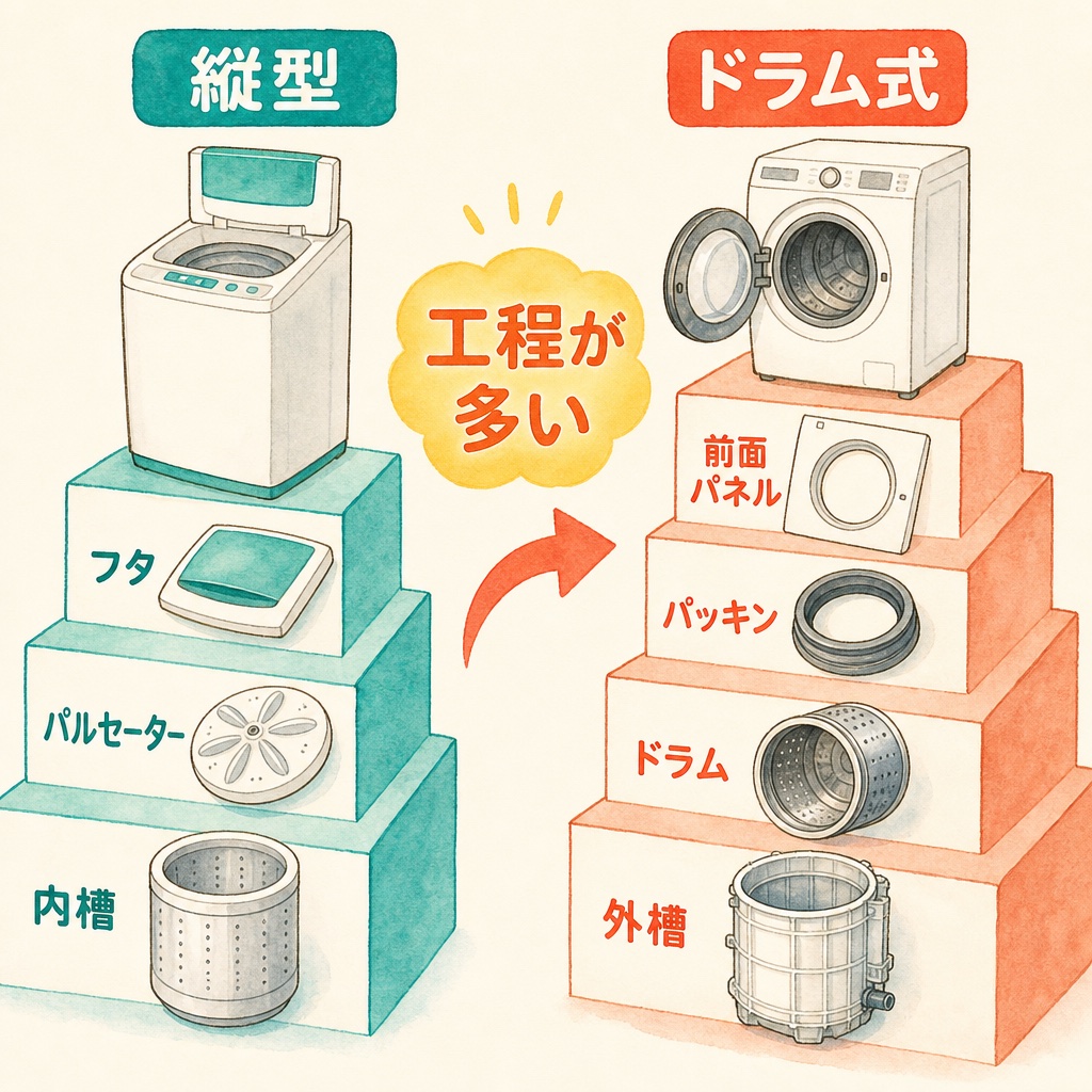 縦型とドラム式の分解工程の数の違いを示す図