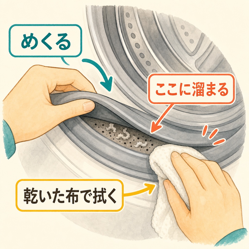 ドラム式の扉パッキンのすき間に汚れが溜まる様子と拭き方の図