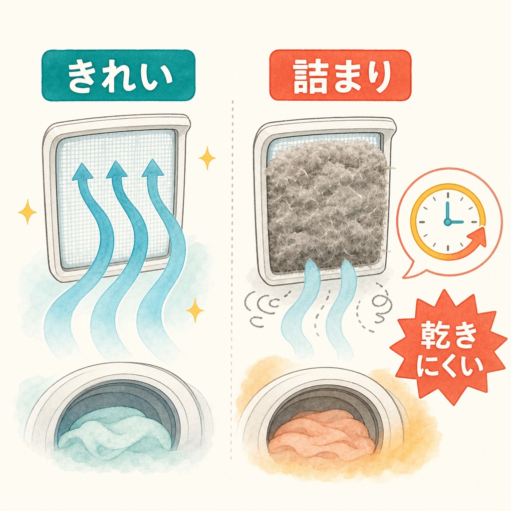 乾燥フィルターの詰まりで乾燥時間が延びることを示す図