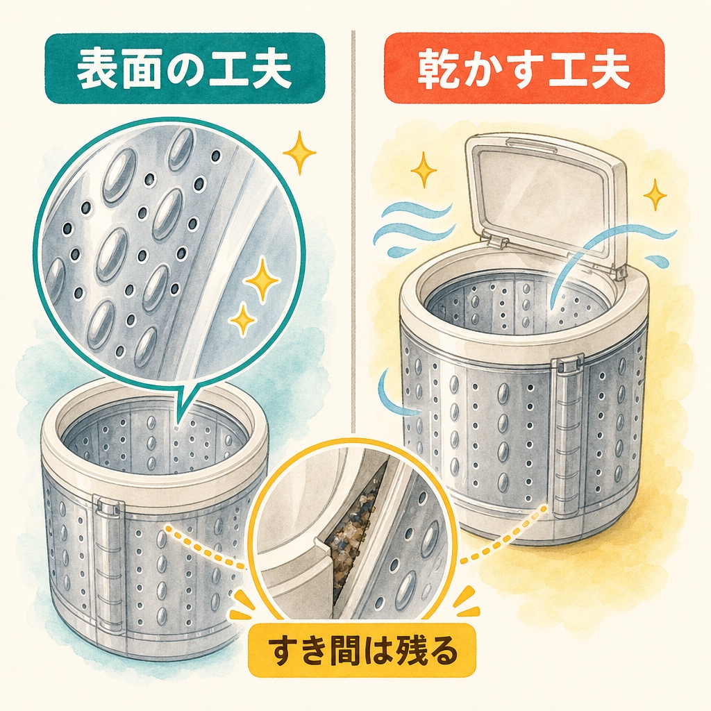 材質の工夫と使い方のフォローという二つの汚れ対策の方向を示す図
