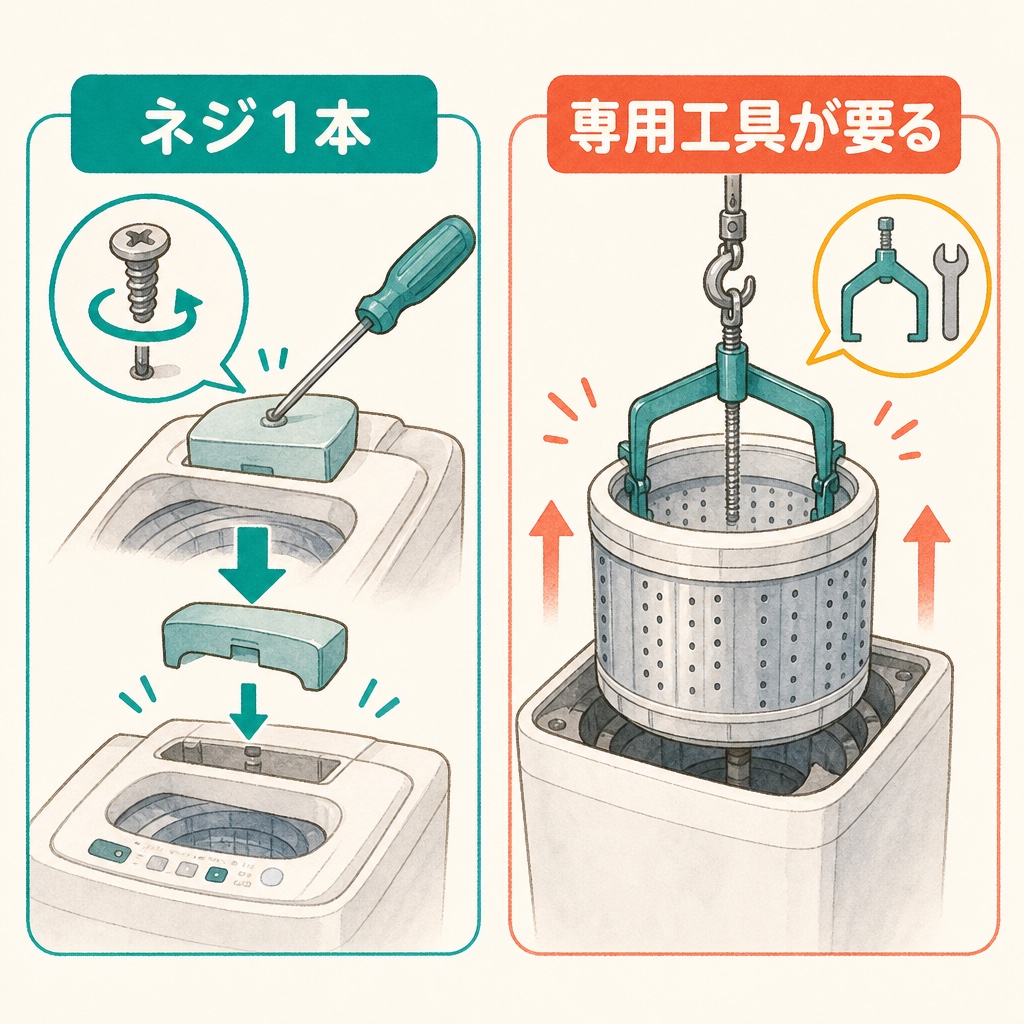 機種によって内槽を外す手順が異なることを示す図