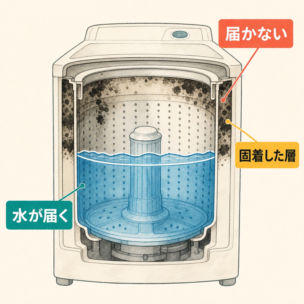 槽洗浄コースで水が届く範囲と届かない範囲を示す図