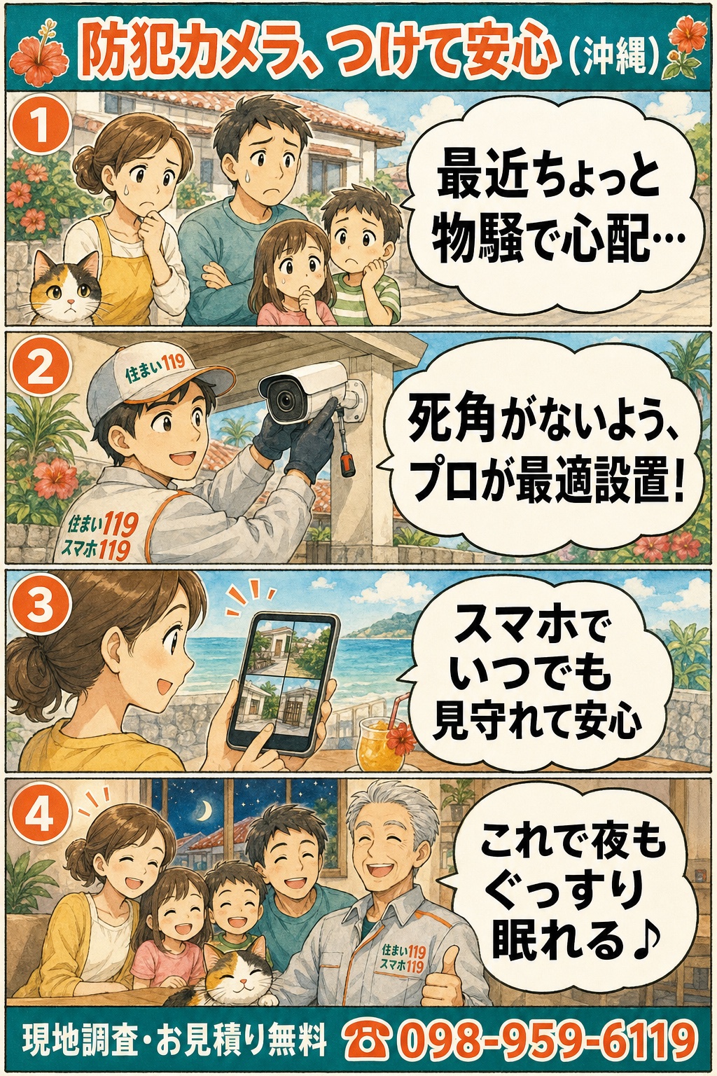 防犯カメラつけて安心：最近物騒で心配→プロが死角なく最適設置→スマホでいつでも見守れる→夜もぐっすり（沖縄全域・現地調査無料 098-959-6119）