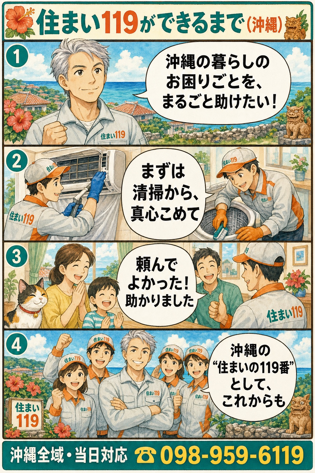 住まい119ができるまで：沖縄の暮らしのお困りごとをまるごと助けたい→真心こめて清掃→お客様の笑顔→地域の住まいの119番として（住まい119）