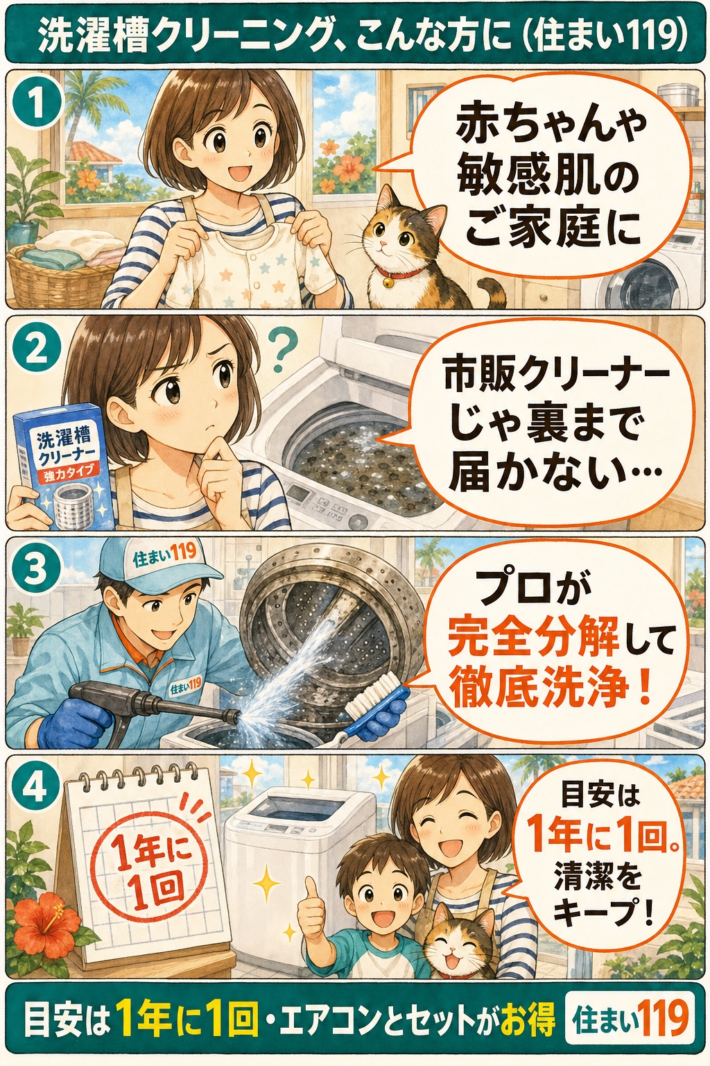 洗濯槽クリーニングはこんな方に：赤ちゃんや敏感肌のご家庭に、市販クリーナーでは裏まで届かない、プロが完全分解して徹底洗浄、目安は1年に1回（住まい119）