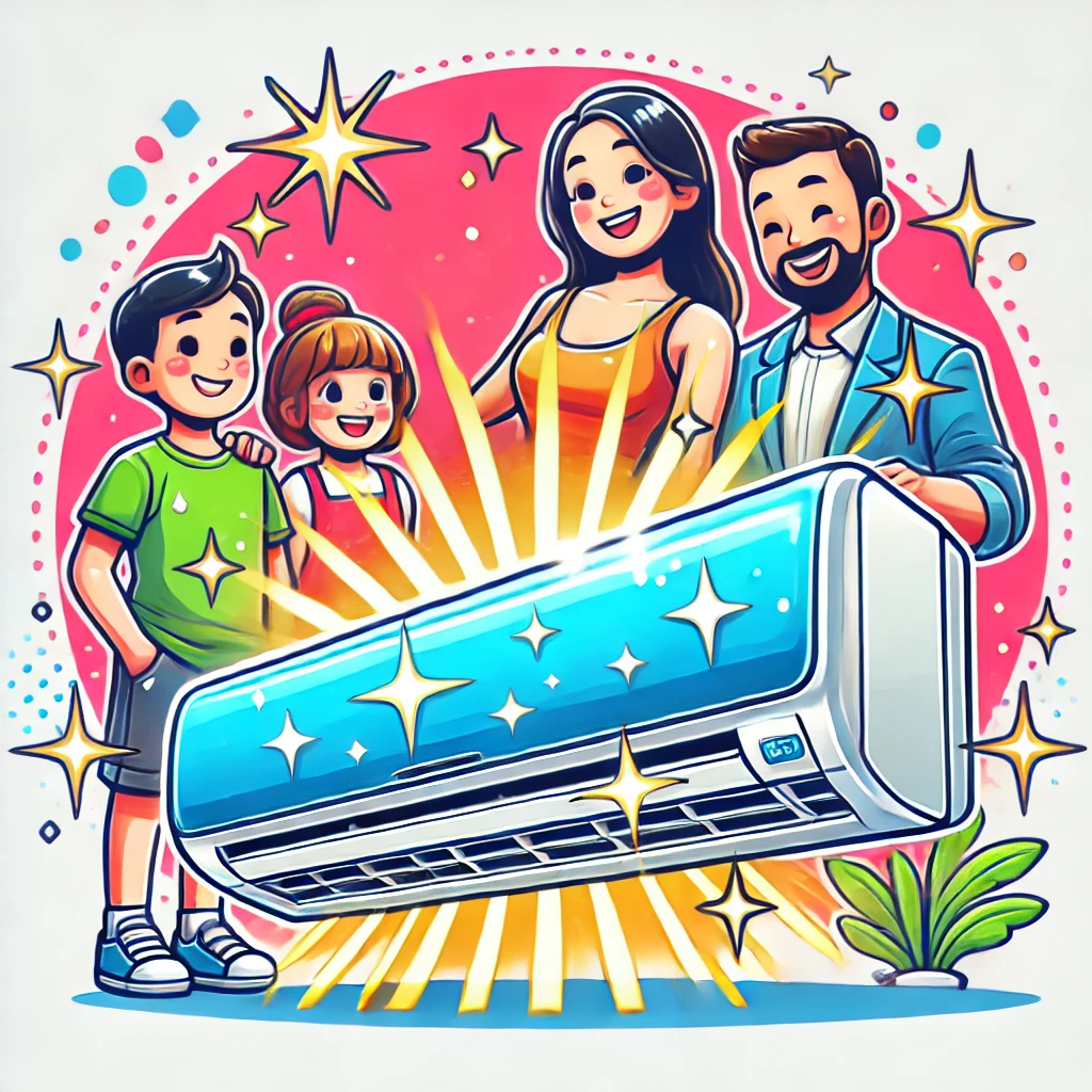 DALL·E-2024-09-20-19.26.19-A-bright-and-cheerful-image-of-a-sparkling-clean-air-conditioner-with-a-happy-family-around-it-celebrating-the-cleanliness.-The-style-is-colorful-po エアコンの汚れ見逃していませんか？沖縄全域対応の「住まい119」がお得なキャンペーン実施中！