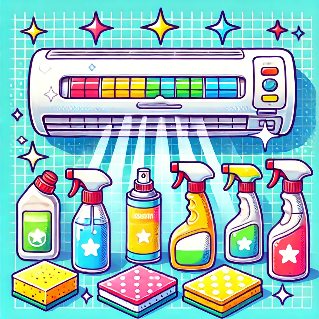 DALL·E-2024-09-20-19.26.34-A-bright-and-cheerful-image-of-a-clean-air-conditioner-with-cleaning-supplies-like-sprays-and-cloths.-The-air-conditioner-sparkles-and-the-cleaning-s エアコンの汚れ見逃していませんか？沖縄全域対応の「住まい119」がお得なキャンペーン実施中！