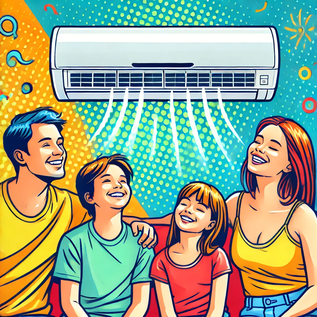 DALL·E-2024-09-20-19.27.16-A-bright-and-cheerful-image-of-a-family-enjoying-clean-air-from-a-freshly-cleaned-air-conditioner.-The-air-conditioner-looks-shiny-and-the-family-is- エアコンの汚れ見逃していませんか？沖縄全域対応の「住まい119」がお得なキャンペーン実施中！