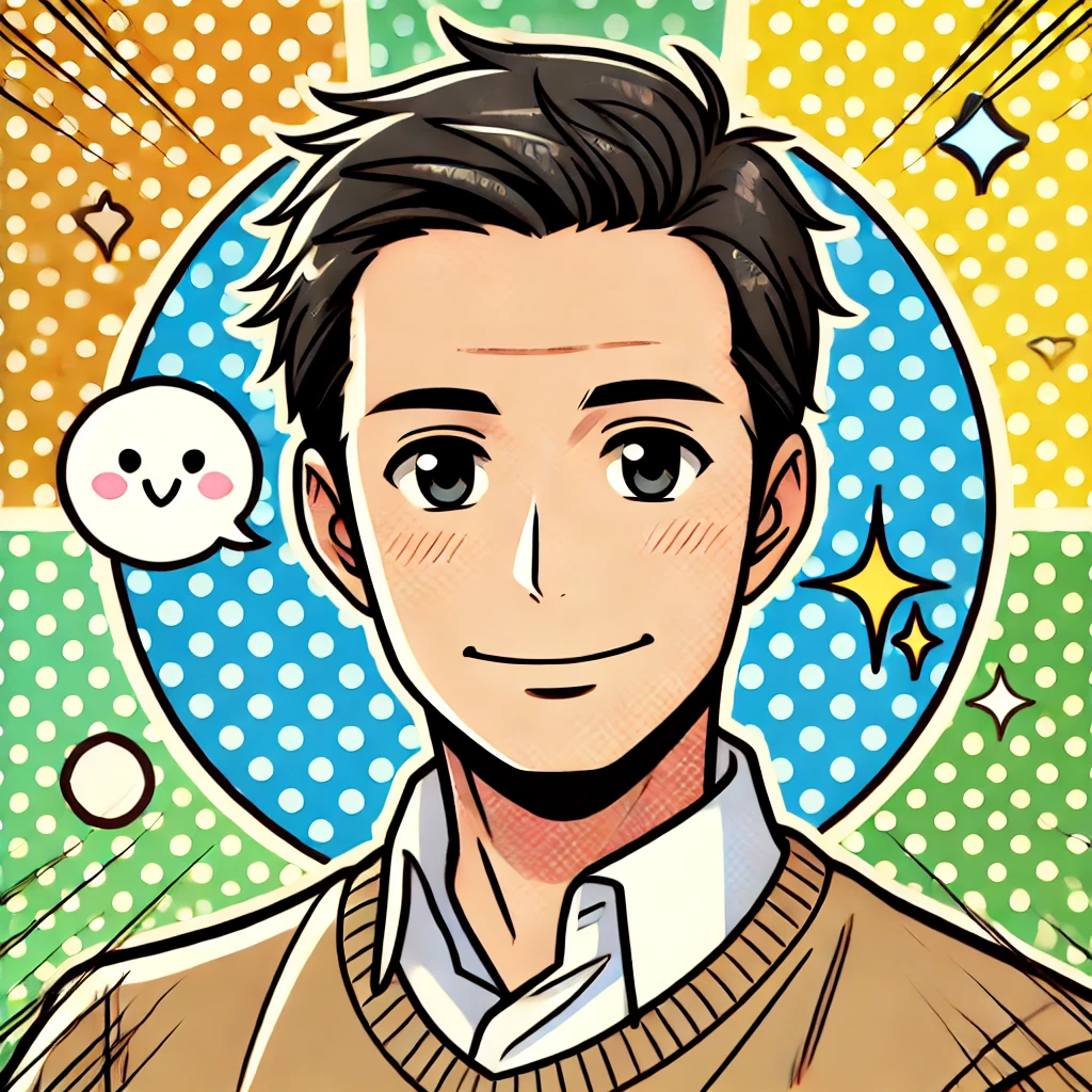 DALL·E-2024-09-21-02.45.44-A-cheerful-pop-style-Japanese-anime-illustration-of-a-man-in-his-late-40s.-He-has-short-hair-a-confident-expression-and-is-smiling-gently.-The-back スタッフ紹介