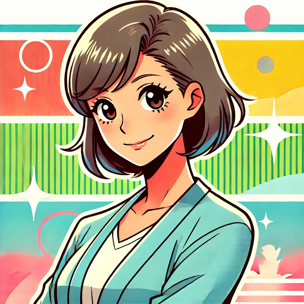 DALL·E-2024-09-21-02.46.08-A-cheerful-pop-style-Japanese-anime-illustration-of-a-woman-in-her-mid-50s.-She-has-short-hair-a-confident-and-strong-presence-with-a-friendly-and- スタッフ紹介