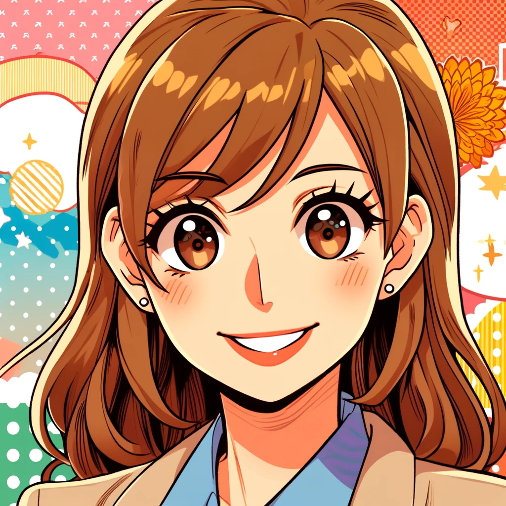 DALL·E-2024-09-21-02.46.13-A-cheerful-pop-style-Japanese-anime-illustration-of-a-woman-in-her-early-30s.-She-has-a-kind-face-and-a-friendly-smile-with-a-caring-and-energetic-v スタッフ紹介