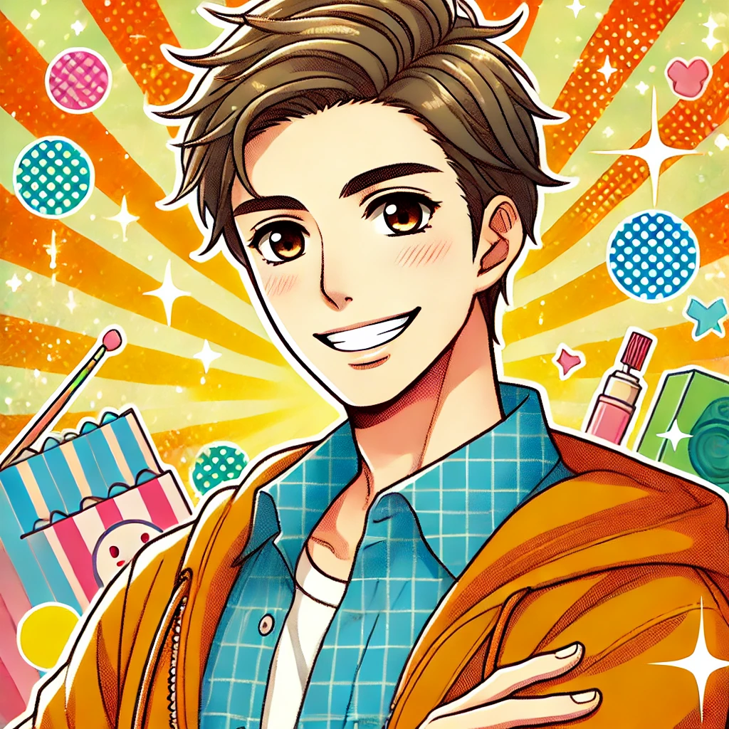 DALL·E-2024-09-21-02.46.19-A-cheerful-pop-style-Japanese-anime-illustration-of-a-young-man-in-his-late-20s.-He-has-a-youthful-energetic-expression-and-a-bright-confident-smil-1 スタッフ紹介