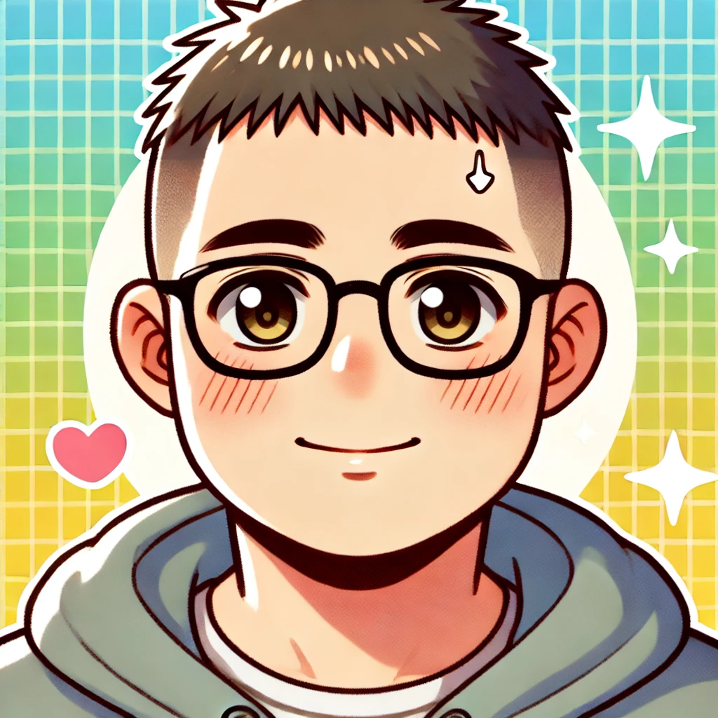 DALL·E-2024-09-21-02.49.31-A-cheerful-pop-style-Japanese-anime-illustration-of-a-chubby-man-with-a-buzz-cut-hairstyle-short-shaved-hair-and-glasses.-He-has-a-warm-and-friend スタッフ紹介